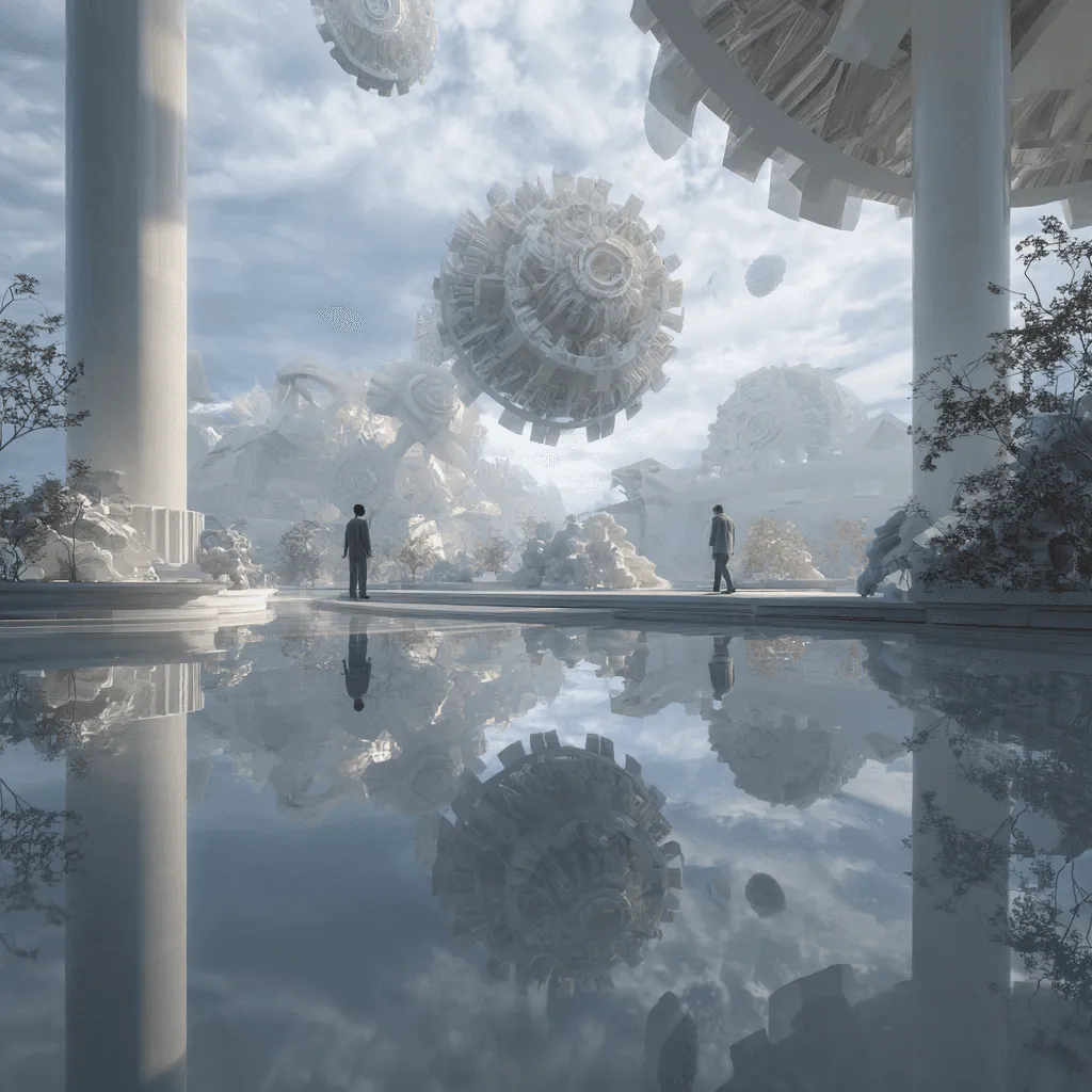 A vast pale hall of turning stone gears reflected in still water