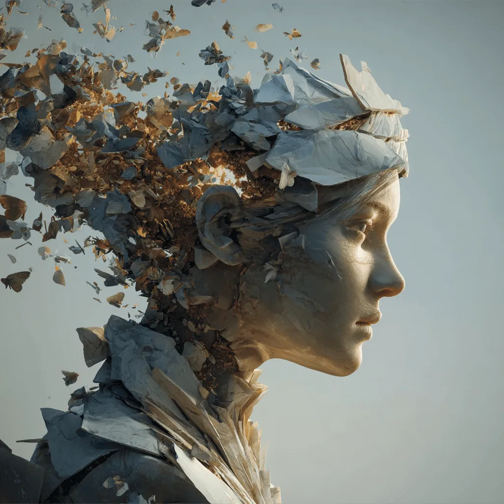 A portrait dissolving into fragments, drifting away