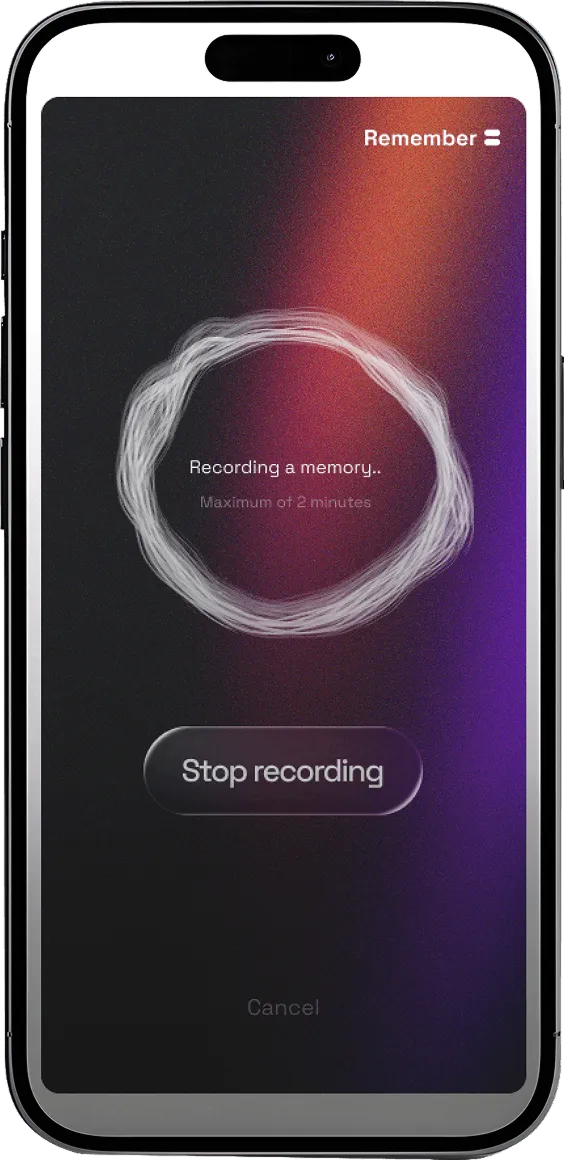 The Rimembo app recording a memory, with a countdown and a stop button